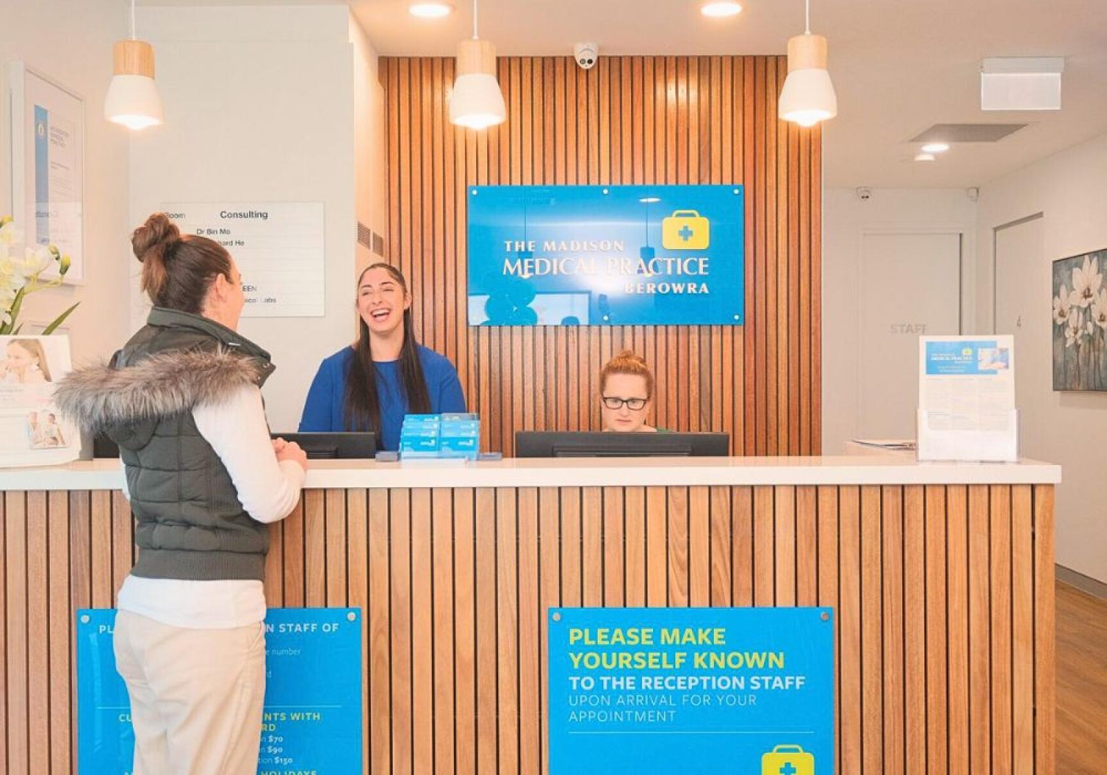 Medical reception desk at The Madison Medical Practice Berowra with friendly staff welcoming patient