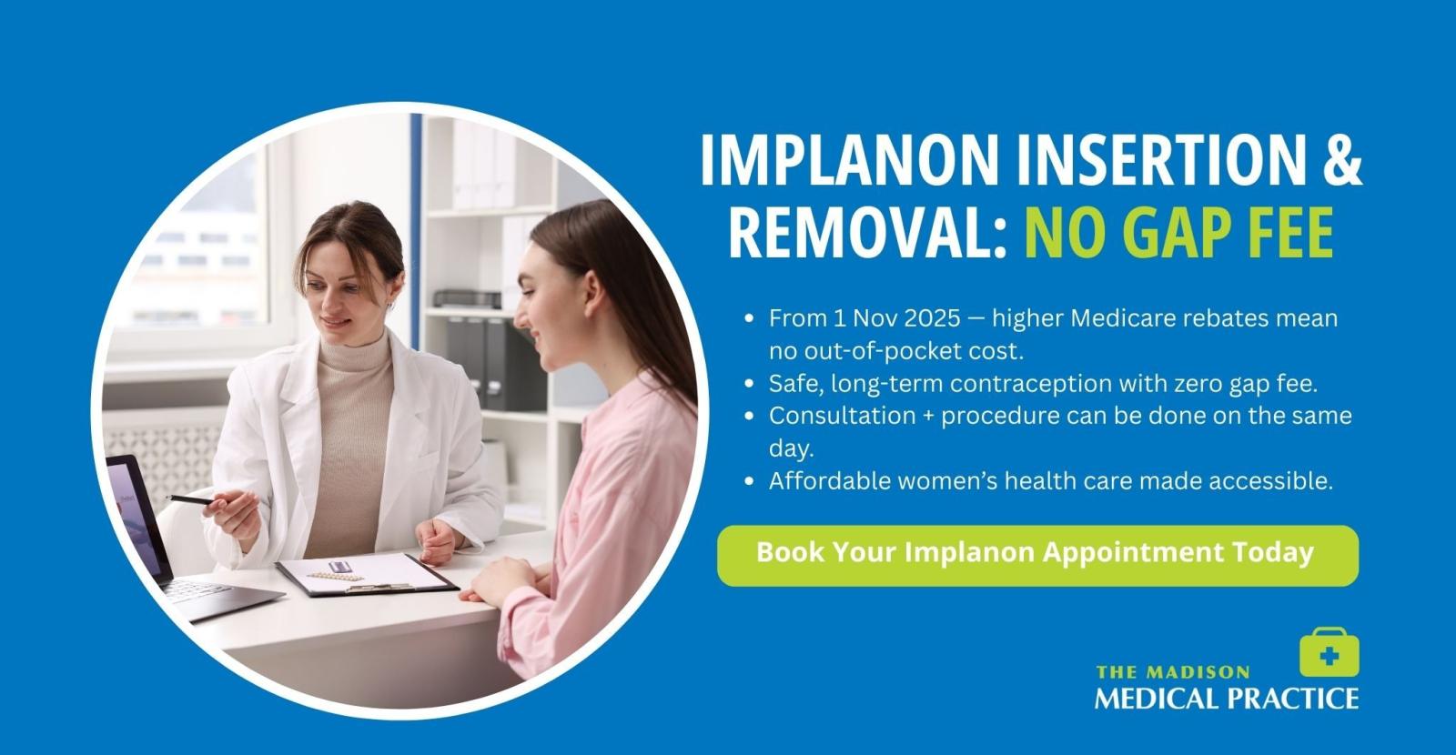 Female doctor discussing Implanon contraception options with patient in clinical consultation