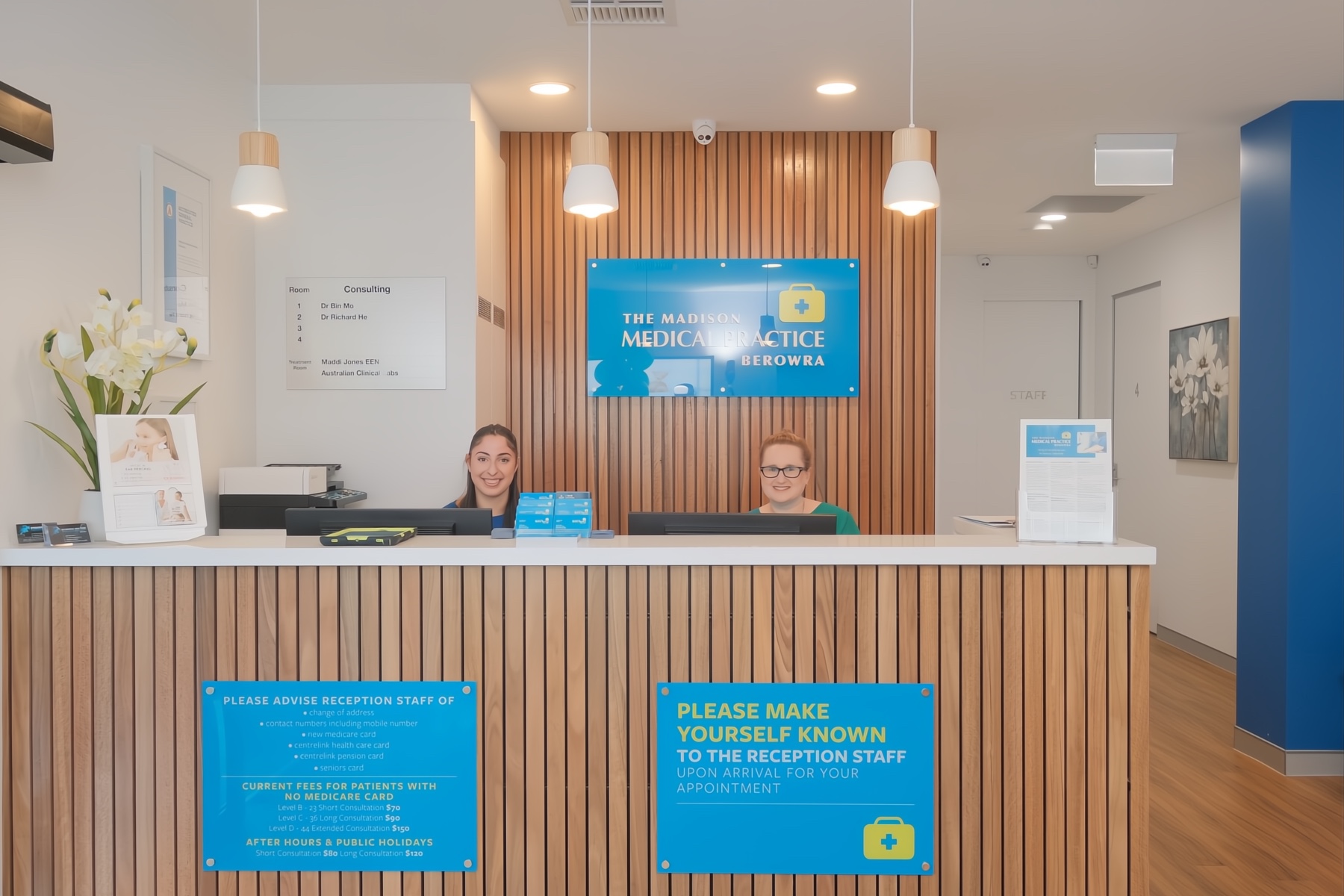 Medical reception area with two staff members at The Madison Medical Practice Berowra desk