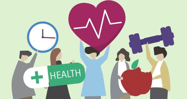 Diverse people demonstrating preventive healthcare through time management, heart health, fitness, nutrition and wellness